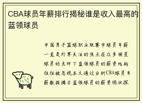CBA球员年薪排行揭秘谁是收入最高的蓝领球员