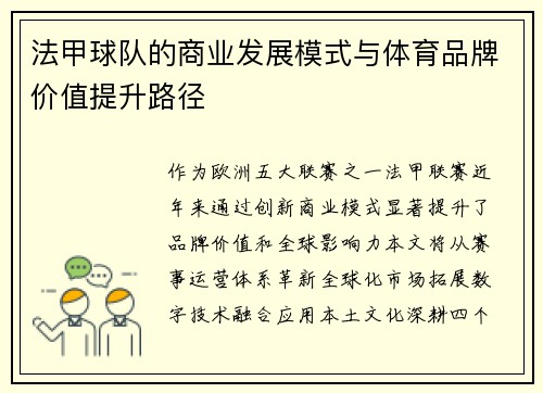 法甲球队的商业发展模式与体育品牌价值提升路径